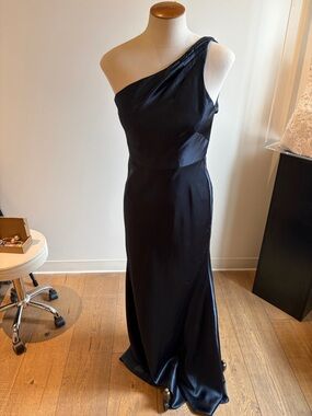 Jenny Yoo Lena One-Shoulder Navy Evening Gown